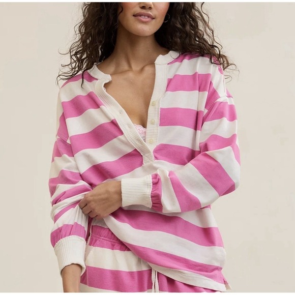 aerie Tops - NWT Aerie Poolside Terry Henley L Pink White Striped Oversized Beach Coquette